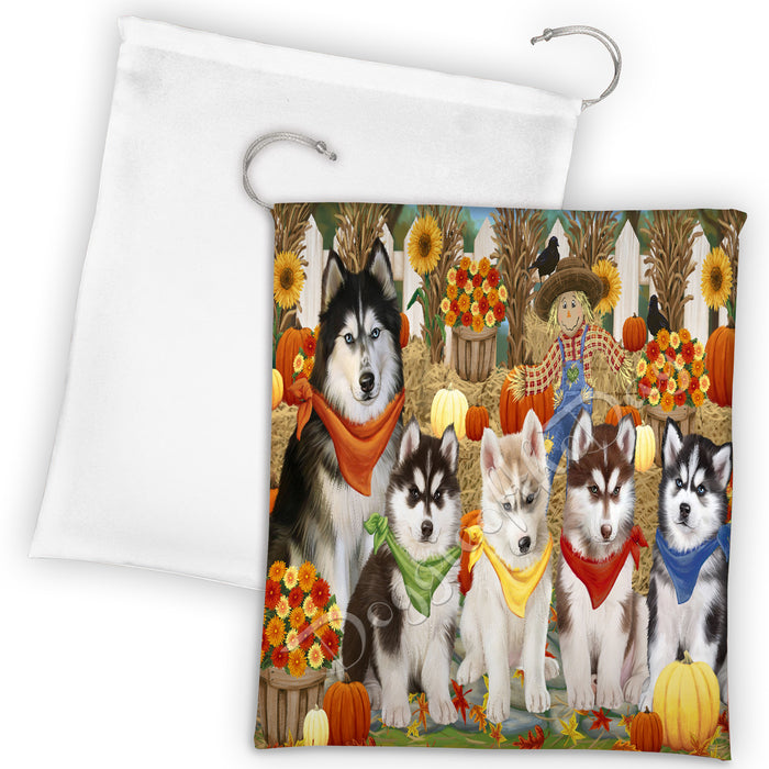 Fall Festive Harvest Time Gathering Siberian Husky Dogs Drawstring Laundry or Gift Bag LGB48440