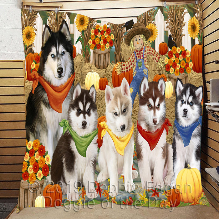 Fall Festive Harvest Time Gathering Siberian Husky Dogs Quilt