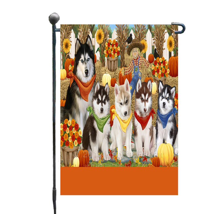 Personalized Fall Festive Gathering Siberian Husky Dogs with Pumpkins Custom Garden Flags GFLG-DOTD-A62063