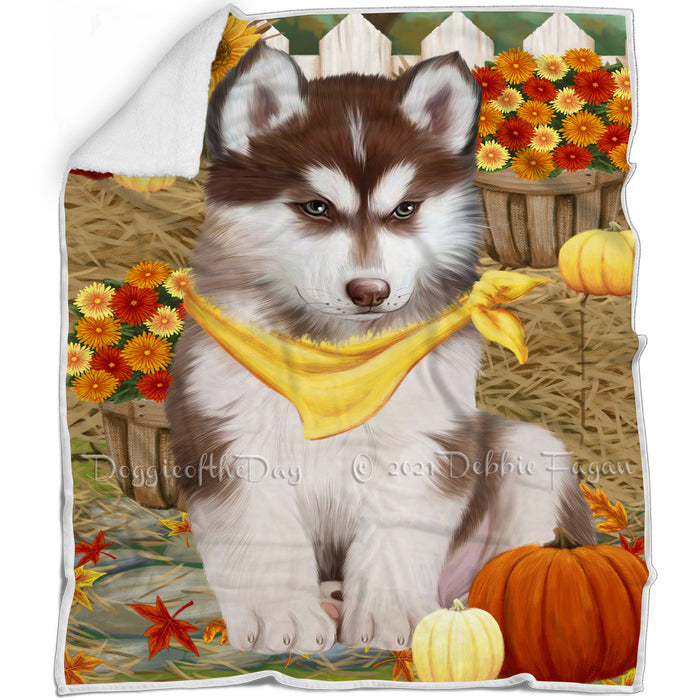 Fall Autumn Greeting Siberian Husky Dog with Pumpkins Blanket BLNKT73947