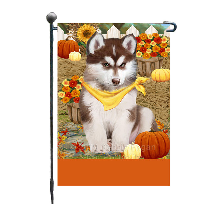 Personalized Fall Autumn Greeting Siberian Husky Dog with Pumpkins Custom Garden Flags GFLG-DOTD-A62064