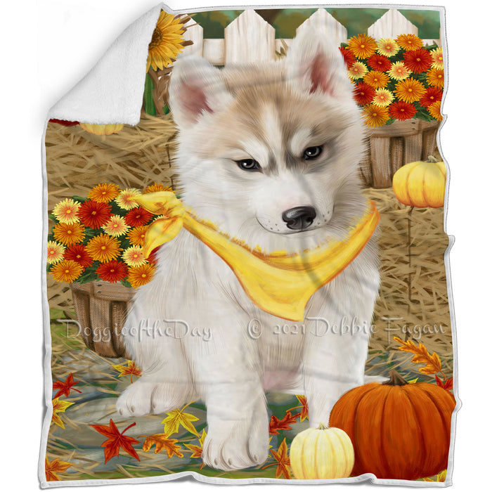 Fall Autumn Greeting Siberian Husky Dog with Pumpkins Blanket BLNKT142447