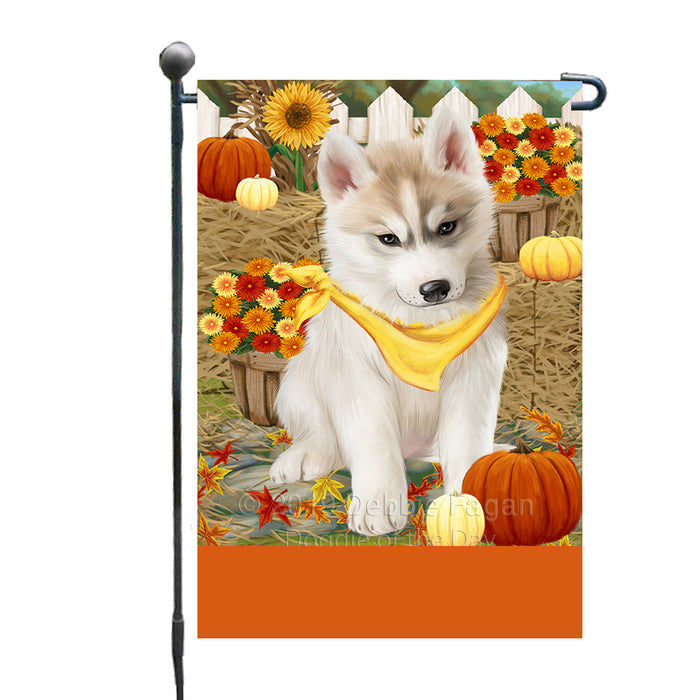 Personalized Fall Autumn Greeting Siberian Husky Dog with Pumpkins Custom Garden Flags GFLG-DOTD-A62065