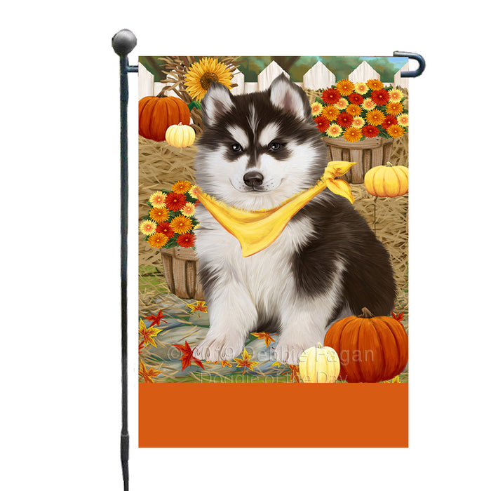 Personalized Fall Autumn Greeting Siberian Husky Dog with Pumpkins Custom Garden Flags GFLG-DOTD-A62066
