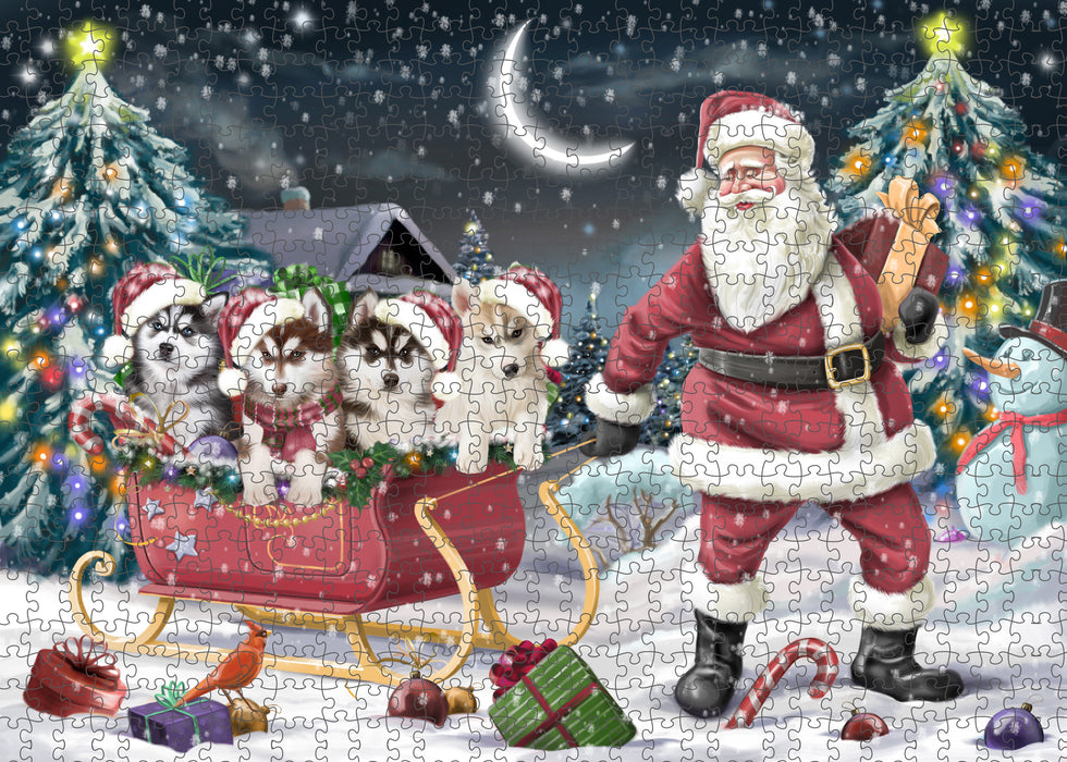 Christmas Santa Sled Siberian Husky Dogs Portrait Jigsaw Puzzle for Adults Animal Interlocking Puzzle Game Unique Gift for Dog Lover's with Metal Tin Box