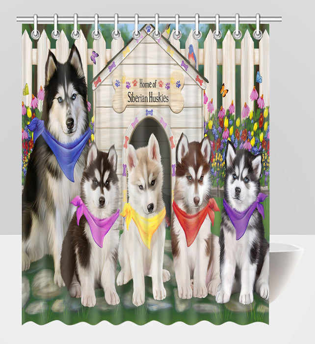 Spring Dog House Siberian Husky Dogs Shower Curtain