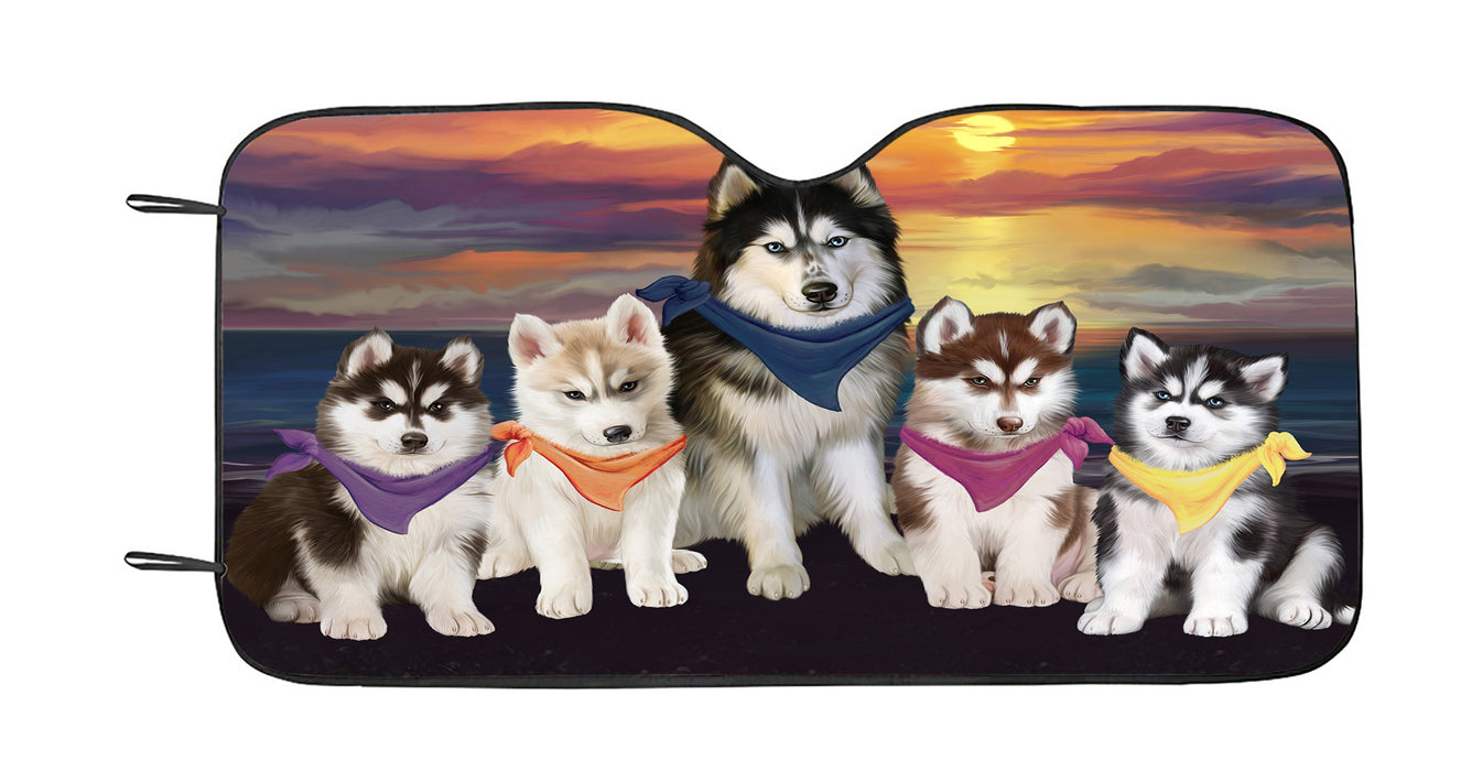 Family Sunset Portrait Siberian Husky Dogs Car Sun Shade