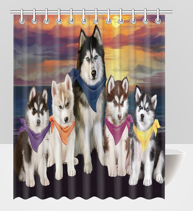 Family Sunset Portrait Siberian Husky Dogs Shower Curtain