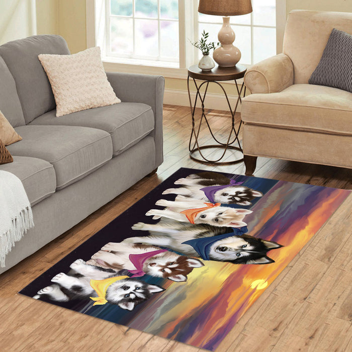 Family Sunset Portrait Siberian Husky Dogs Area Rug