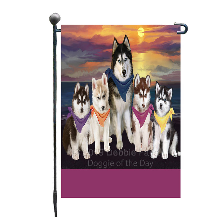 Personalized Family Sunset Portrait Siberian Husky Dogs Custom Garden Flags GFLG-DOTD-A60634