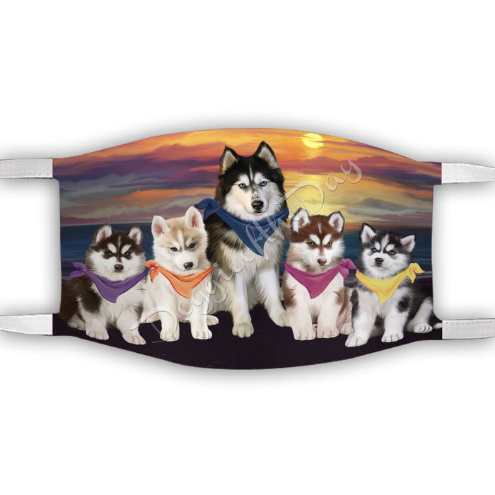 Family Sunset Siberian Husky Dogs Face Mask FM49239