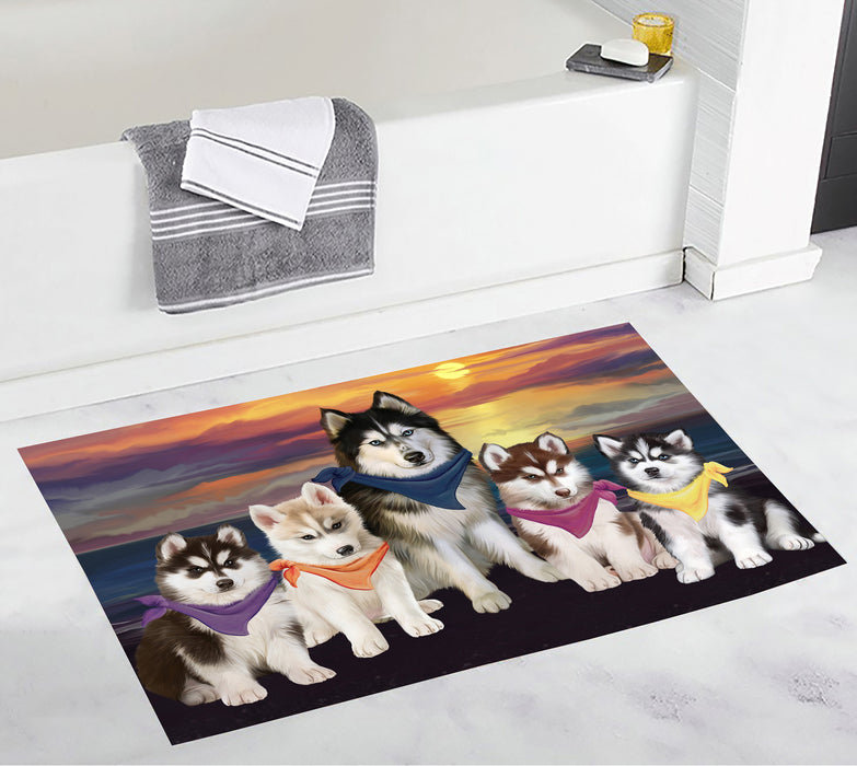 Family Sunset Portrait Siberian Husky Dogs Bath Mat
