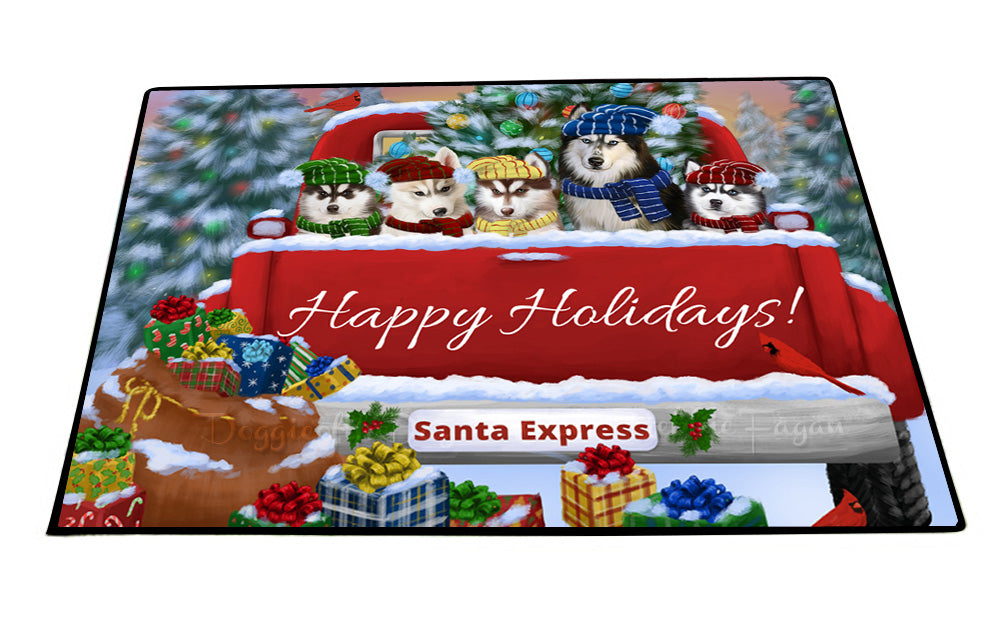 Christmas Red Truck Travlin Home for the Holidays Siberian Husky Dogs Floor Mat- Anti-Slip Pet Door Mat Indoor Outdoor Front Rug Mats for Home Outside Entrance Pets Portrait Unique Rug Washable Premium Quality Mat