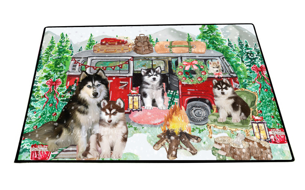 Christmas Time Camping with Siberian Husky Dogs Floor Mat- Anti-Slip Pet Door Mat Indoor Outdoor Front Rug Mats for Home Outside Entrance Pets Portrait Unique Rug Washable Premium Quality Mat