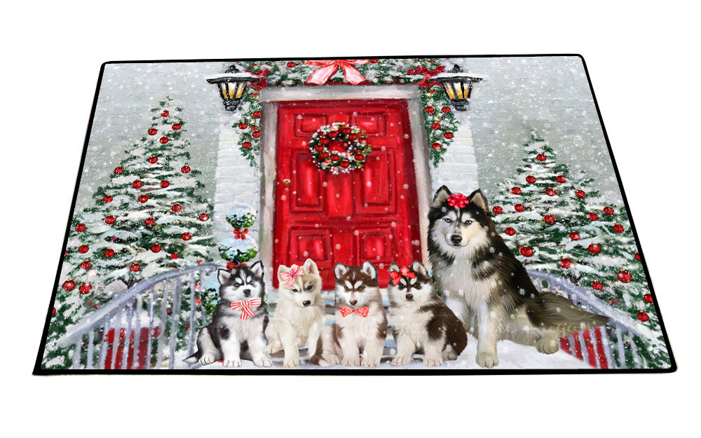 Christmas Holiday Welcome Siberian Husky Dogs Floor Mat- Anti-Slip Pet Door Mat Indoor Outdoor Front Rug Mats for Home Outside Entrance Pets Portrait Unique Rug Washable Premium Quality Mat