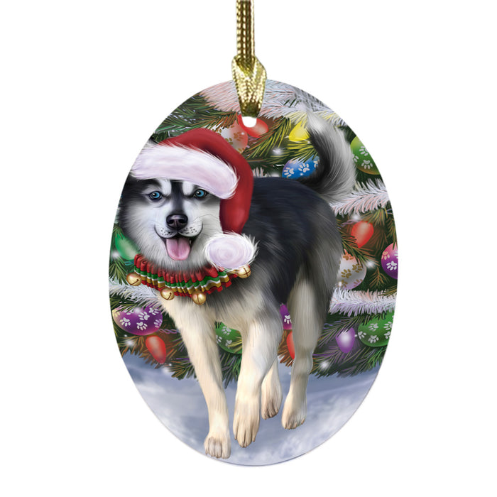 Trotting in the Snow Siberian Husky Dog Oval Glass Christmas Ornament OGOR49463