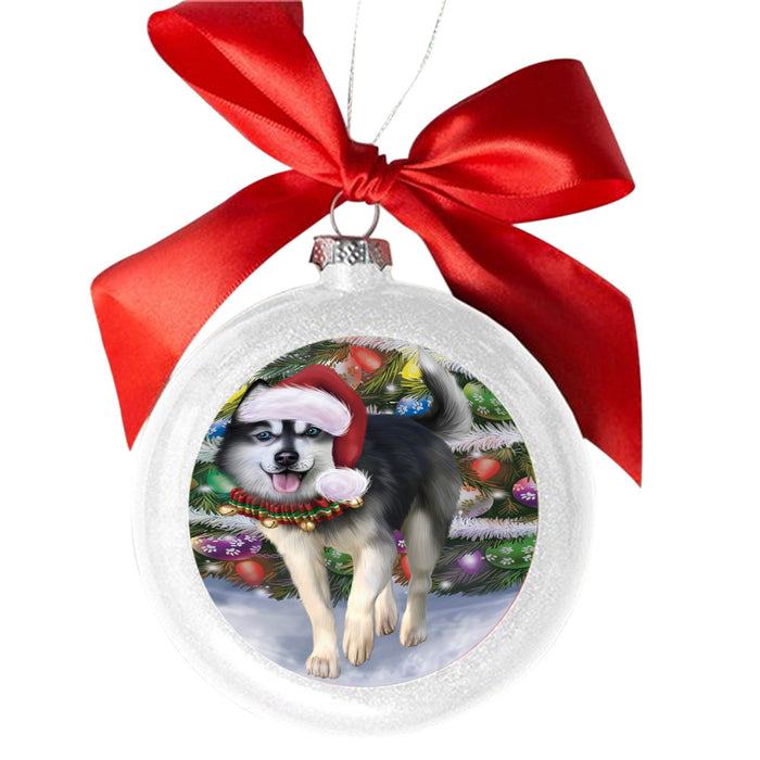 Trotting in the Snow Siberian Husky Dog White Round Ball Christmas Ornament WBSOR49463