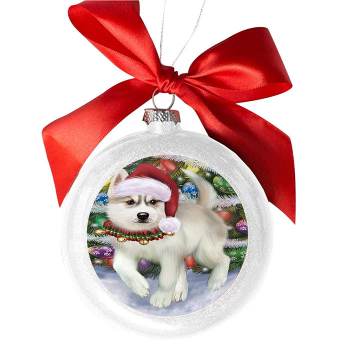 Trotting in the Snow Siberian Husky Dog White Round Ball Christmas Ornament WBSOR49464