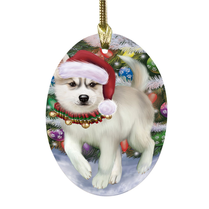 Trotting in the Snow Siberian Husky Dog Oval Glass Christmas Ornament OGOR49464