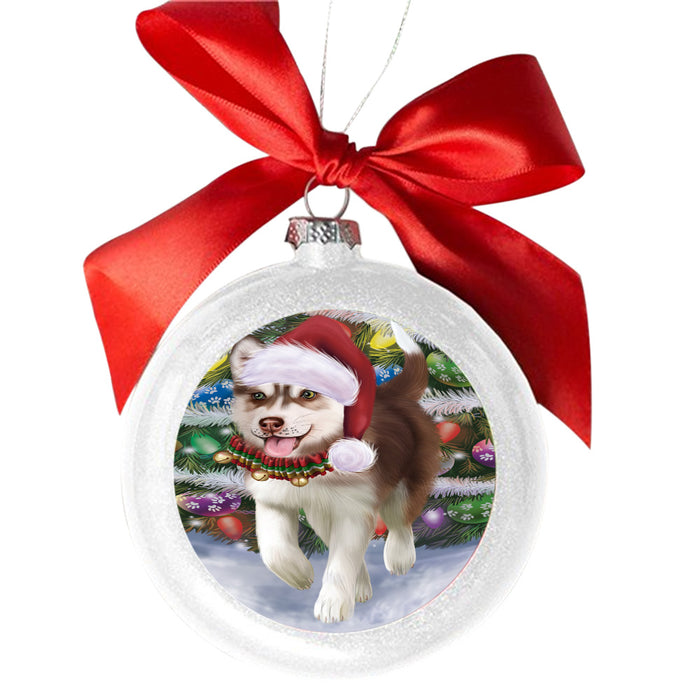 Trotting in the Snow Siberian Husky Dog White Round Ball Christmas Ornament WBSOR49465
