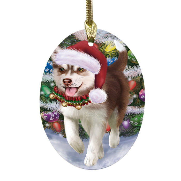 Trotting in the Snow Siberian Husky Dog Oval Glass Christmas Ornament OGOR49465