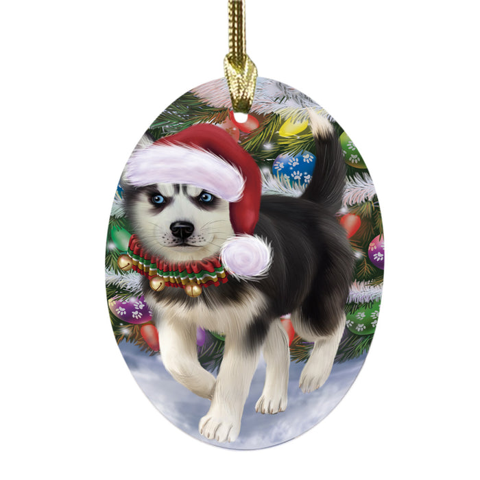 Trotting in the Snow Siberian Husky Dog Oval Glass Christmas Ornament OGOR49466