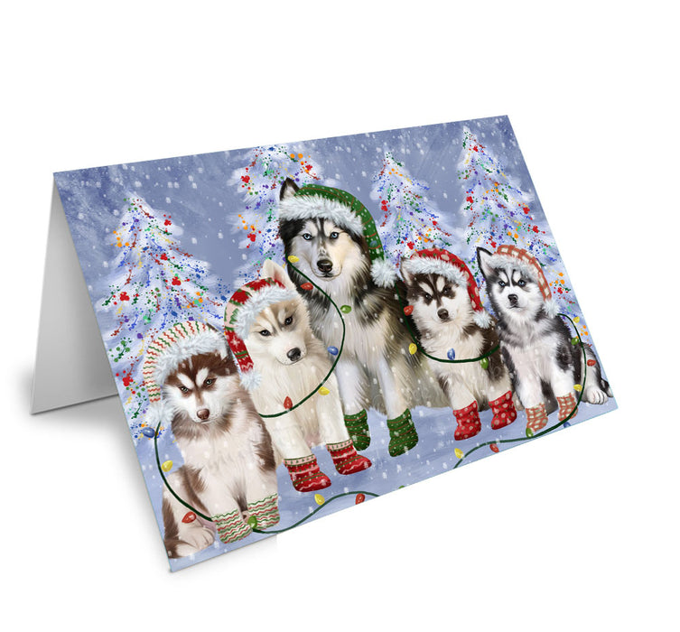Christmas Lights and Siberian Husky Dogs Handmade Artwork Assorted Pets Greeting Cards and Note Cards with Envelopes for All Occasions and Holiday Seasons