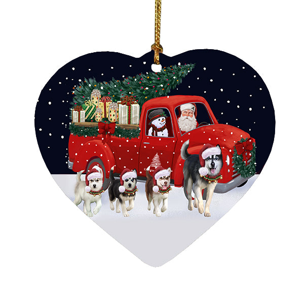 Christmas Express Delivery Red Truck Running Siberian Husky Dogs Heart Christmas Ornament RFPOR58121