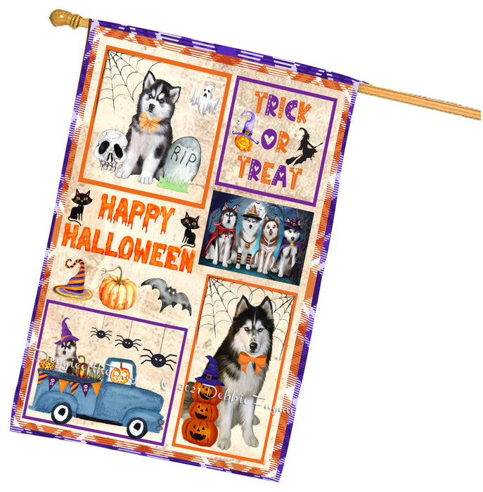 Happy Halloween Trick or Treat Siberian Husky Dogs House Flag Outdoor Decorative Double Sided Pet Portrait Weather Resistant Premium Quality Animal Printed Home Decorative Flags 100% Polyester