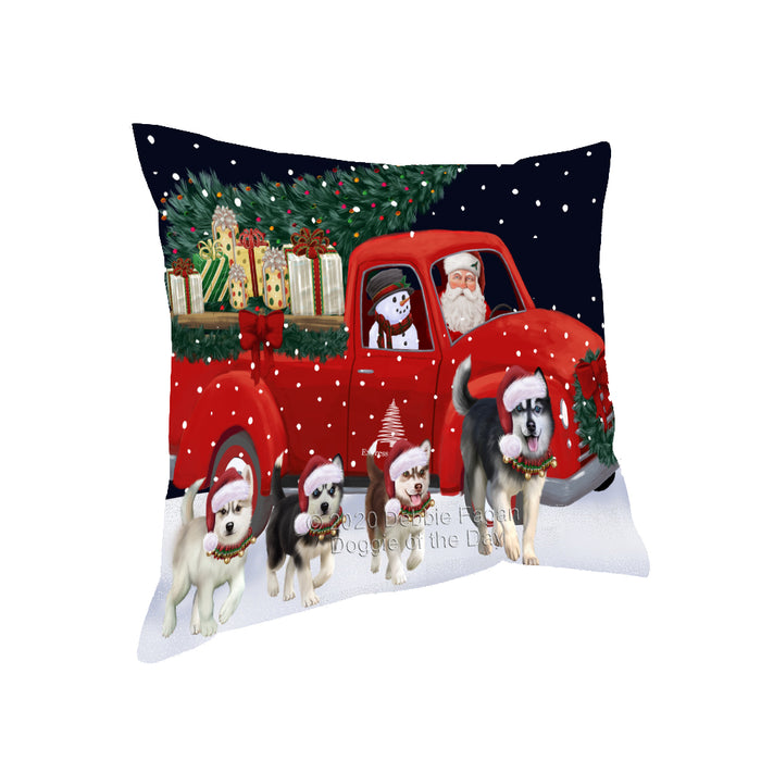 Christmas Express Delivery Red Truck Running Siberian Husky Dogs Pillow PIL86200
