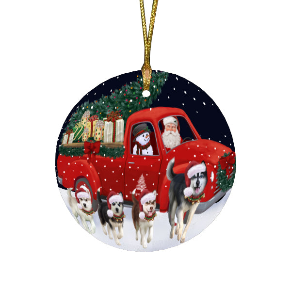 Christmas Express Delivery Red Truck Running Siberian Husky Dogs Round Flat Christmas Ornament RFPOR57779