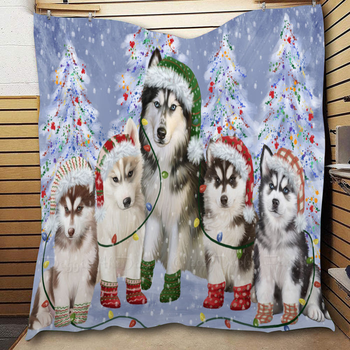 Christmas Lights and Siberian Husky Dogs  Quilt Bed Coverlet Bedspread - Pets Comforter Unique One-side Animal Printing - Soft Lightweight Durable Washable Polyester Quilt
