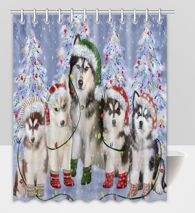 Christmas Lights and Siberian Husky Dogs Shower Curtain Pet Painting Bathtub Curtain Waterproof Polyester One-Side Printing Decor Bath Tub Curtain for Bathroom with Hooks