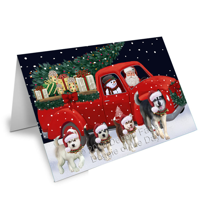 Christmas Express Delivery Red Truck Running Siberian Husky Dogs Handmade Artwork Assorted Pets Greeting Cards and Note Cards with Envelopes for All Occasions and Holiday Seasons GCD75227