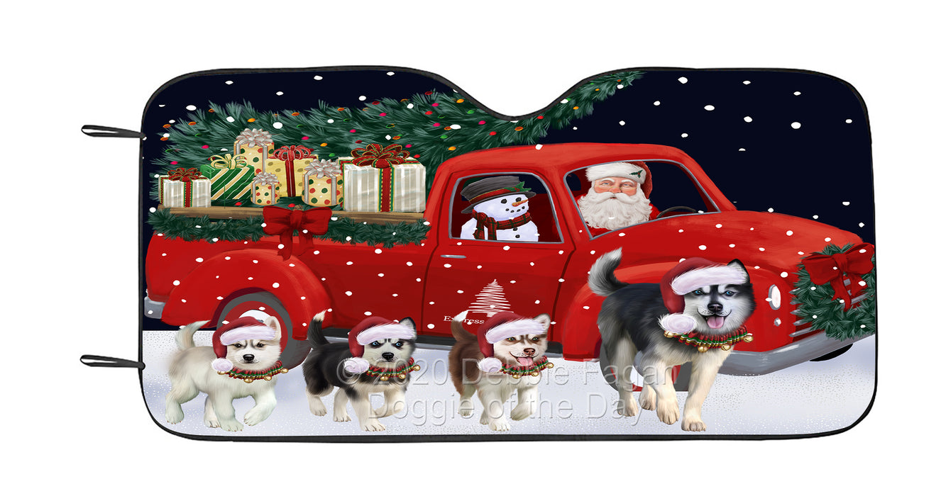 Christmas Express Delivery Red Truck Running Siberian Husky Dog Car Sun Shade Cover Curtain