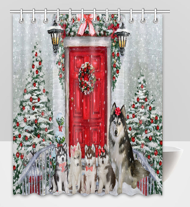 Christmas Holiday Welcome Siberian Husky Dogs Shower Curtain Pet Painting Bathtub Curtain Waterproof Polyester One-Side Printing Decor Bath Tub Curtain for Bathroom with Hooks