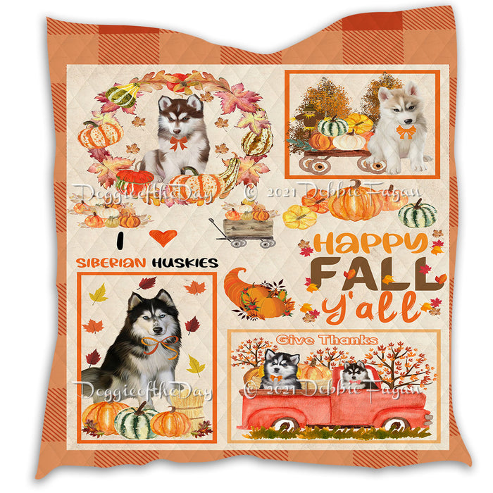 Happy Fall Y'all Pumpkin Siberian Husky Dogs Quilt Bed Coverlet Bedspread - Pets Comforter Unique One-side Animal Printing - Soft Lightweight Durable Washable Polyester Quilt