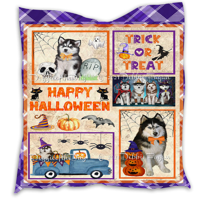 Happy Halloween Trick or Treat Pumpkin Siberian Husky Dogs Lightweight Soft Bedspread Coverlet Bedding Quilt QUILT61111
