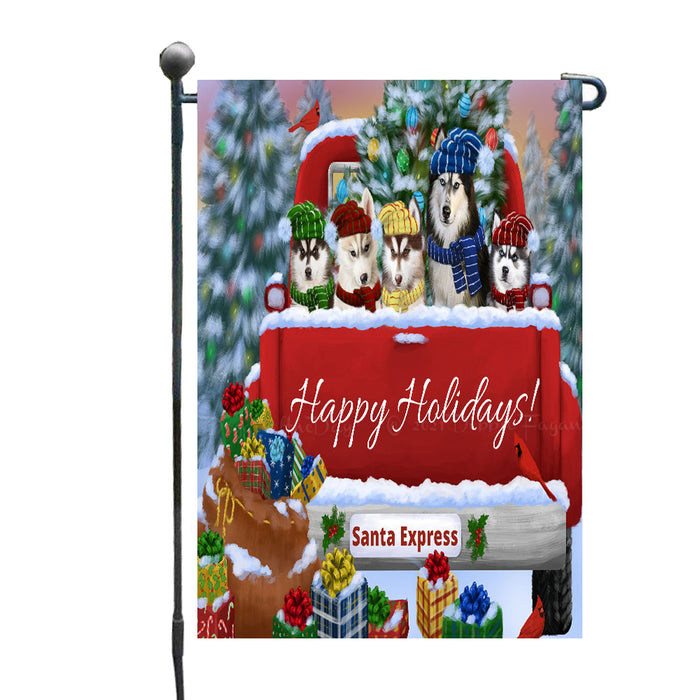 Christmas Red Truck Travlin Home for the Holidays Siberian Husky Dogs Garden Flags- Outdoor Double Sided Garden Yard Porch Lawn Spring Decorative Vertical Home Flags 12 1/2"w x 18"h