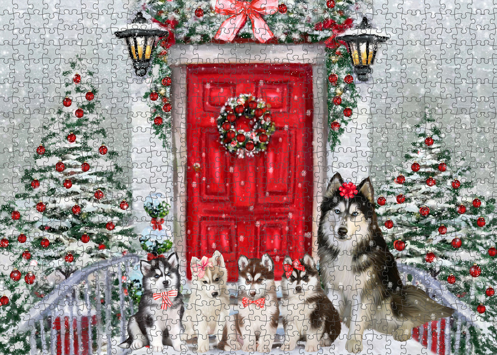 Christmas Holiday Welcome Siberian Husky Dogs Portrait Jigsaw Puzzle for Adults Animal Interlocking Puzzle Game Unique Gift for Dog Lover's with Metal Tin Box