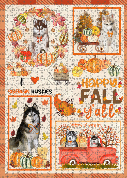 Happy Fall Y'all Pumpkin Siberian Husky Dogs Portrait Jigsaw Puzzle for Adults Animal Interlocking Puzzle Game Unique Gift for Dog Lover's with Metal Tin Box