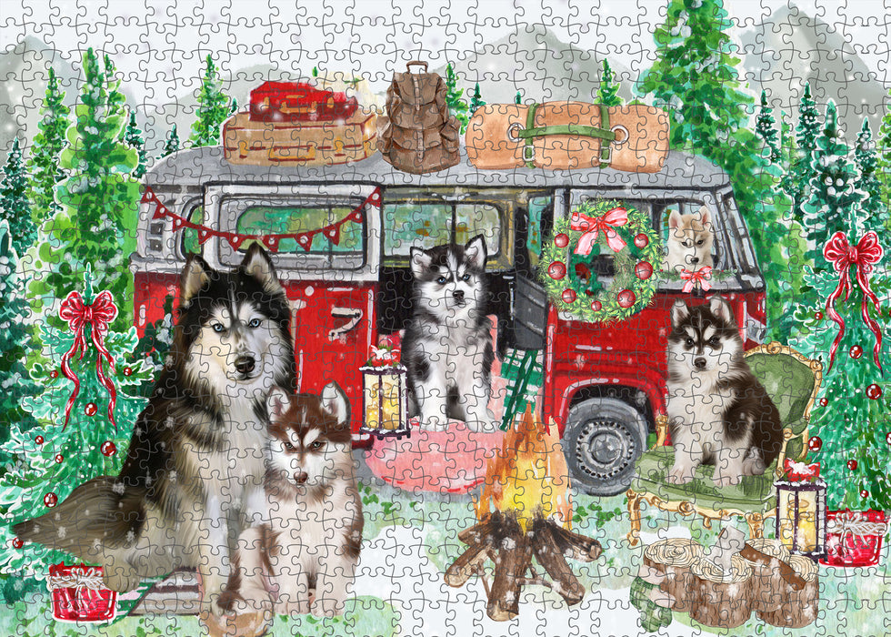 Christmas Time Camping with Siberian Husky Dogs Portrait Jigsaw Puzzle for Adults Animal Interlocking Puzzle Game Unique Gift for Dog Lover's with Metal Tin Box
