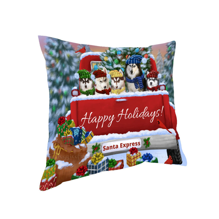 Christmas Red Truck Travlin Home for the Holidays Siberian Husky Dogs Pillow with Top Quality High-Resolution Images - Ultra Soft Pet Pillows for Sleeping - Reversible & Comfort - Ideal Gift for Dog Lover - Cushion for Sofa Couch Bed - 100% Polyester