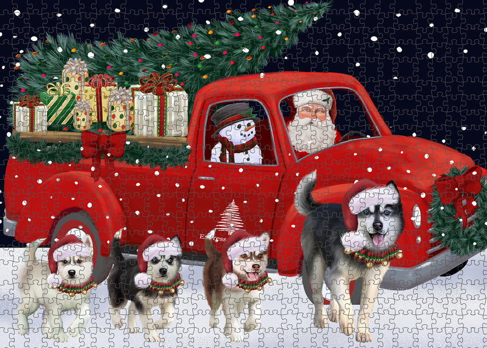 Christmas Express Delivery Red Truck Running Siberian Husky Dogs Puzzle with Photo Tin PUZL99816