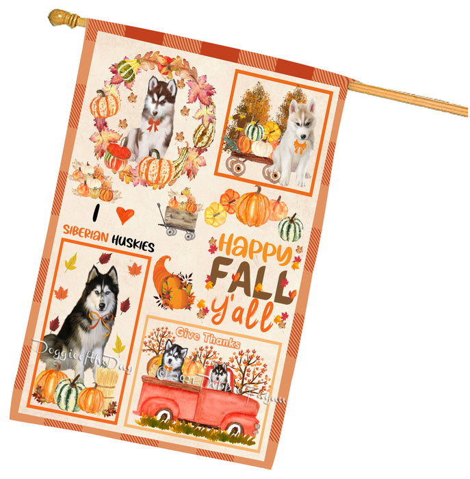 Happy Fall Y'all Pumpkin Siberian Husky Dogs House Flag Outdoor Decorative Double Sided Pet Portrait Weather Resistant Premium Quality Animal Printed Home Decorative Flags 100% Polyester