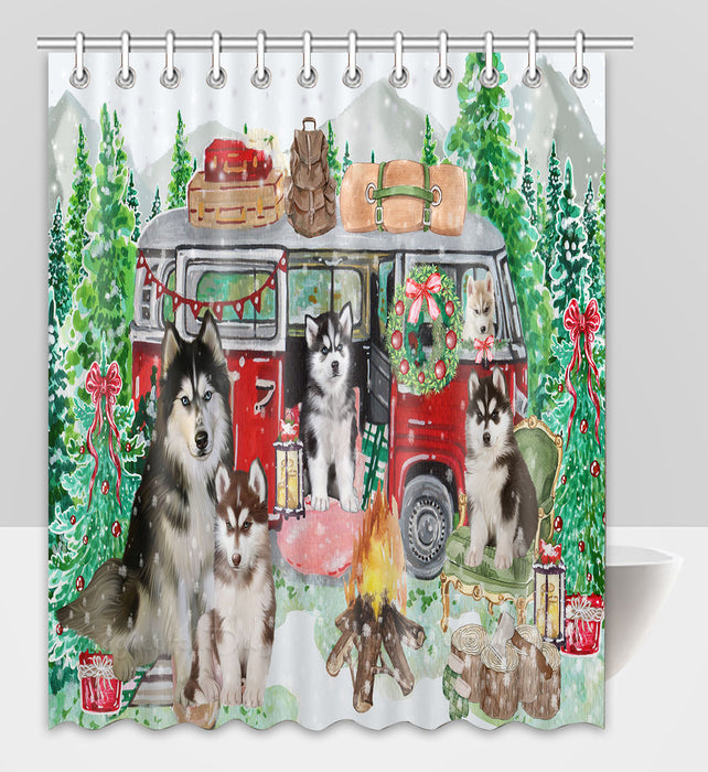 Christmas Time Camping with Siberian Husky Dogs Shower Curtain Pet Painting Bathtub Curtain Waterproof Polyester One-Side Printing Decor Bath Tub Curtain for Bathroom with Hooks