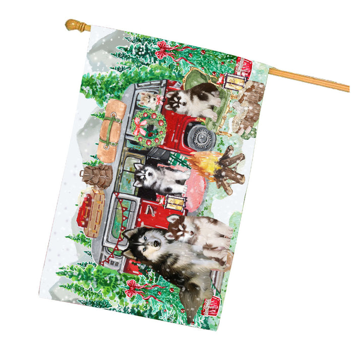 Christmas Time Camping with Siberian Husky Dogs House Flag Outdoor Decorative Double Sided Pet Portrait Weather Resistant Premium Quality Animal Printed Home Decorative Flags 100% Polyester