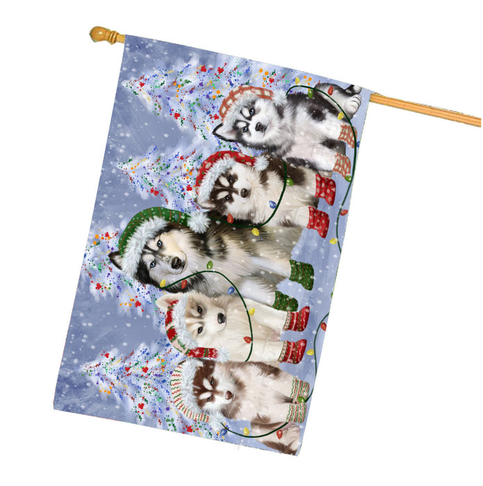 Christmas Lights and Siberian Husky Dogs House Flag Outdoor Decorative Double Sided Pet Portrait Weather Resistant Premium Quality Animal Printed Home Decorative Flags 100% Polyester