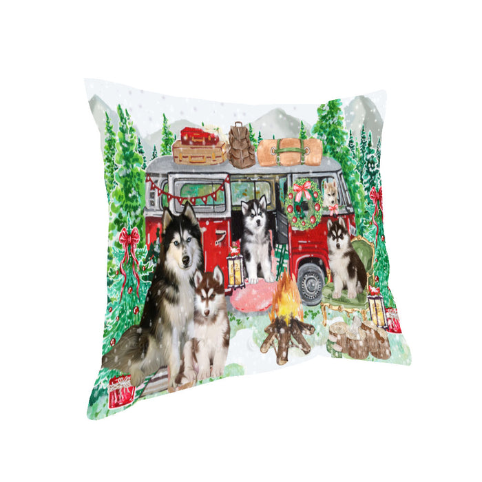 Christmas Time Camping with Siberian Husky Dogs Pillow with Top Quality High-Resolution Images - Ultra Soft Pet Pillows for Sleeping - Reversible & Comfort - Ideal Gift for Dog Lover - Cushion for Sofa Couch Bed - 100% Polyester