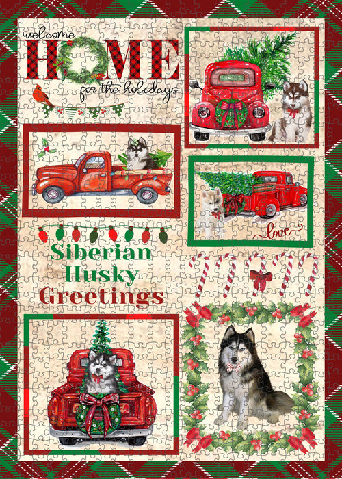 Welcome Home for Christmas Holidays Siberian Husky Dogs Portrait Jigsaw Puzzle for Adults Animal Interlocking Puzzle Game Unique Gift for Dog Lover's with Metal Tin Box
